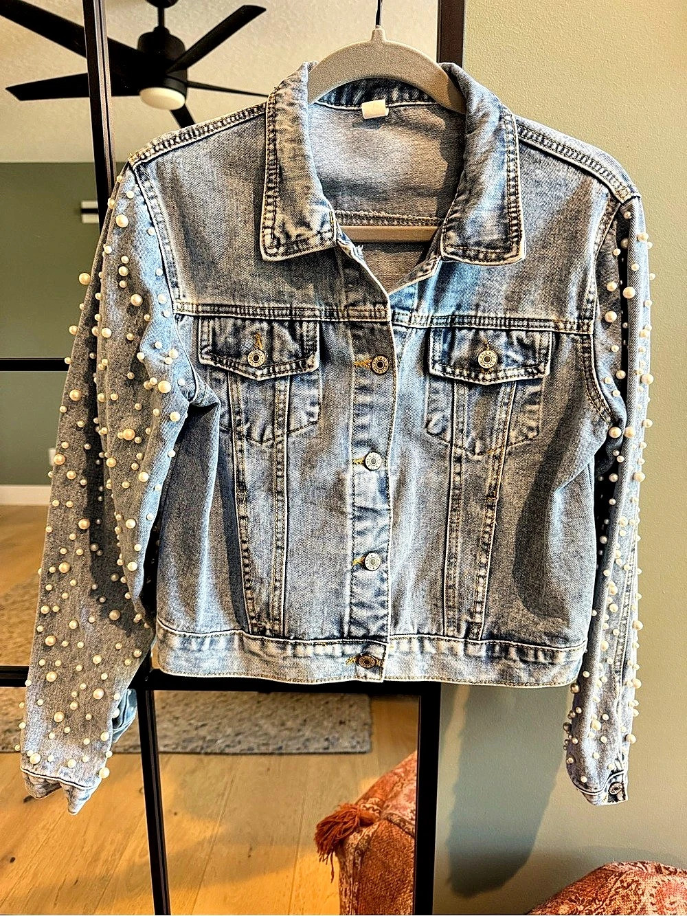 Pearl Embellished Denim Jacket- Medium